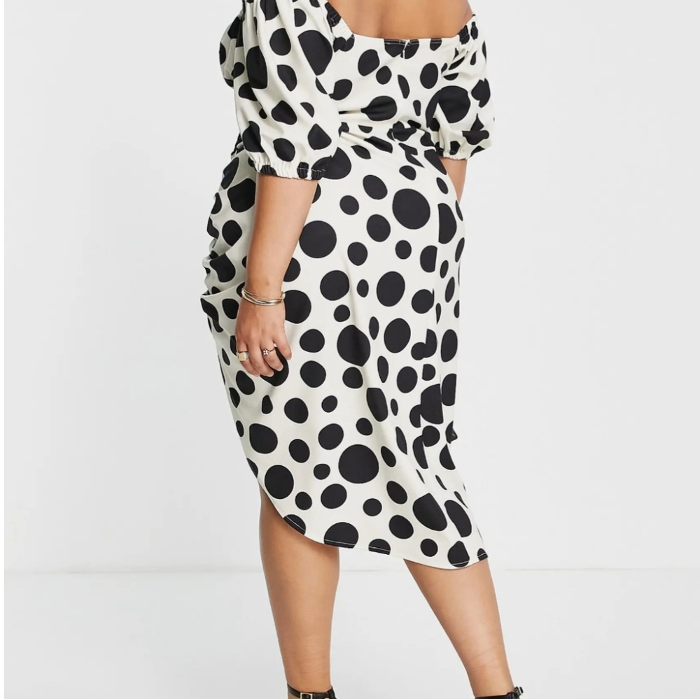 ASOS Curve Polka Dot Beige And Black Ruched Off-the-Shoulder Dress Sz 16 - Picture 3 of 10